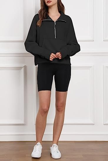 Womens Half Zip Cropped Pullover Sweatshirts Fleece Quarter Zipper Hoodies